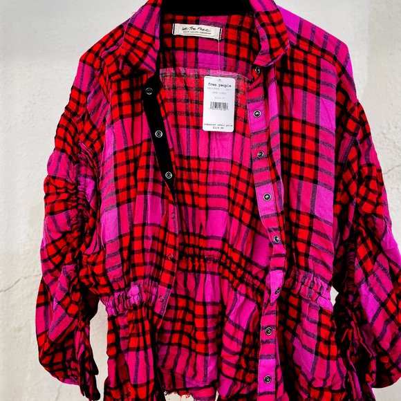 New Free People "Pacific Dawn" Medium Red Plaid Button up Top - Picture 9 of 12